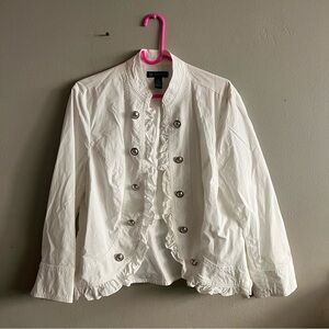 Women's INC Cropped Military Jacket White Cotton Ruffled Jacket Silver Button XL